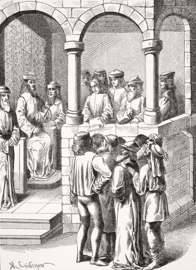 Promulgación de un edicto, después de una miniatura en el manuscrito del siglo XV 